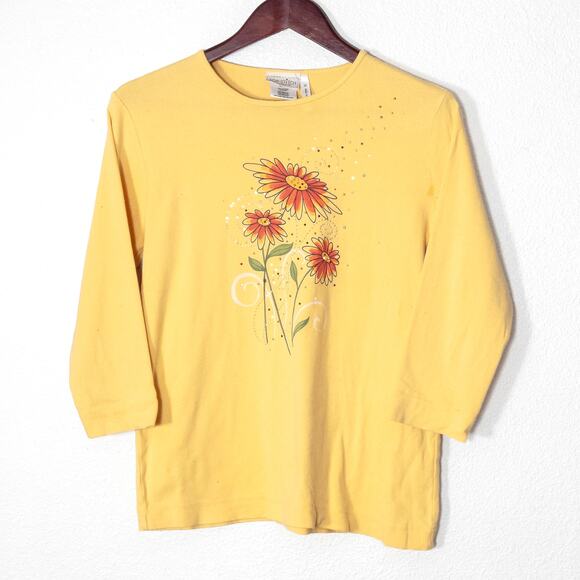 Top Stitch by Morning Sun Tops - Top Stitch Long Sleeve Shirt Size M Yellow Floral Rhinestone Beachy Tee